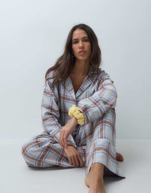 ASOS DESIGN long sleeve woven pyjama set in blue check, 3 of 5