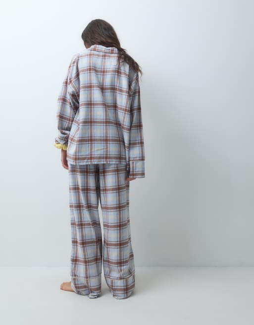 ASOS DESIGN long sleeve woven pyjama set in blue check, 4 of 5