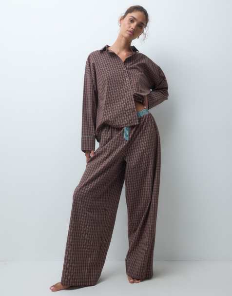 ASOS DESIGN long sleeve woven pyjama set in brown check print - view 1