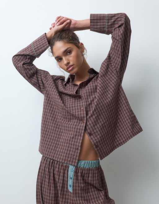 ASOS DESIGN long sleeve woven pyjama set in brown check print, 2 of 4