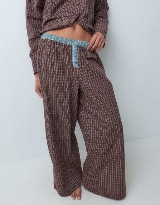 ASOS DESIGN long sleeve woven pyjama set in brown check print, 3 of 4