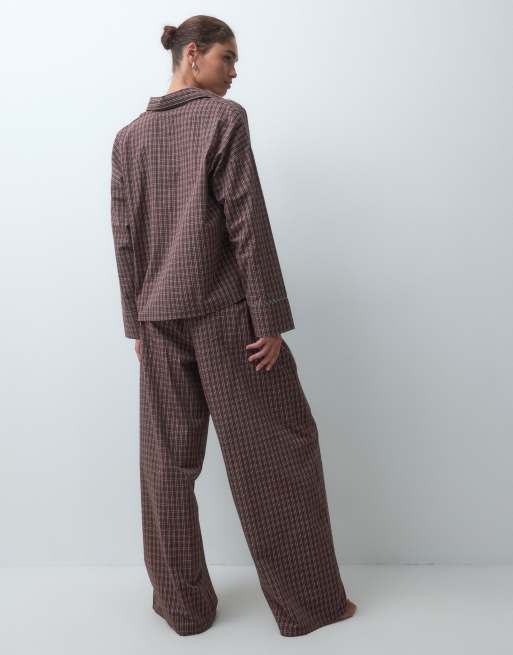 ASOS DESIGN long sleeve woven pyjama set in brown check print, 4 of 4