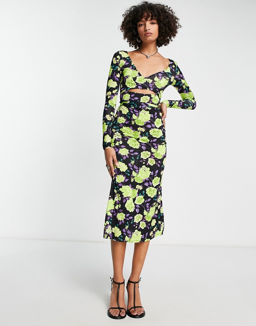 ASOS DESIGN long sleeve wrap around midi dress in lime floral print-Multi