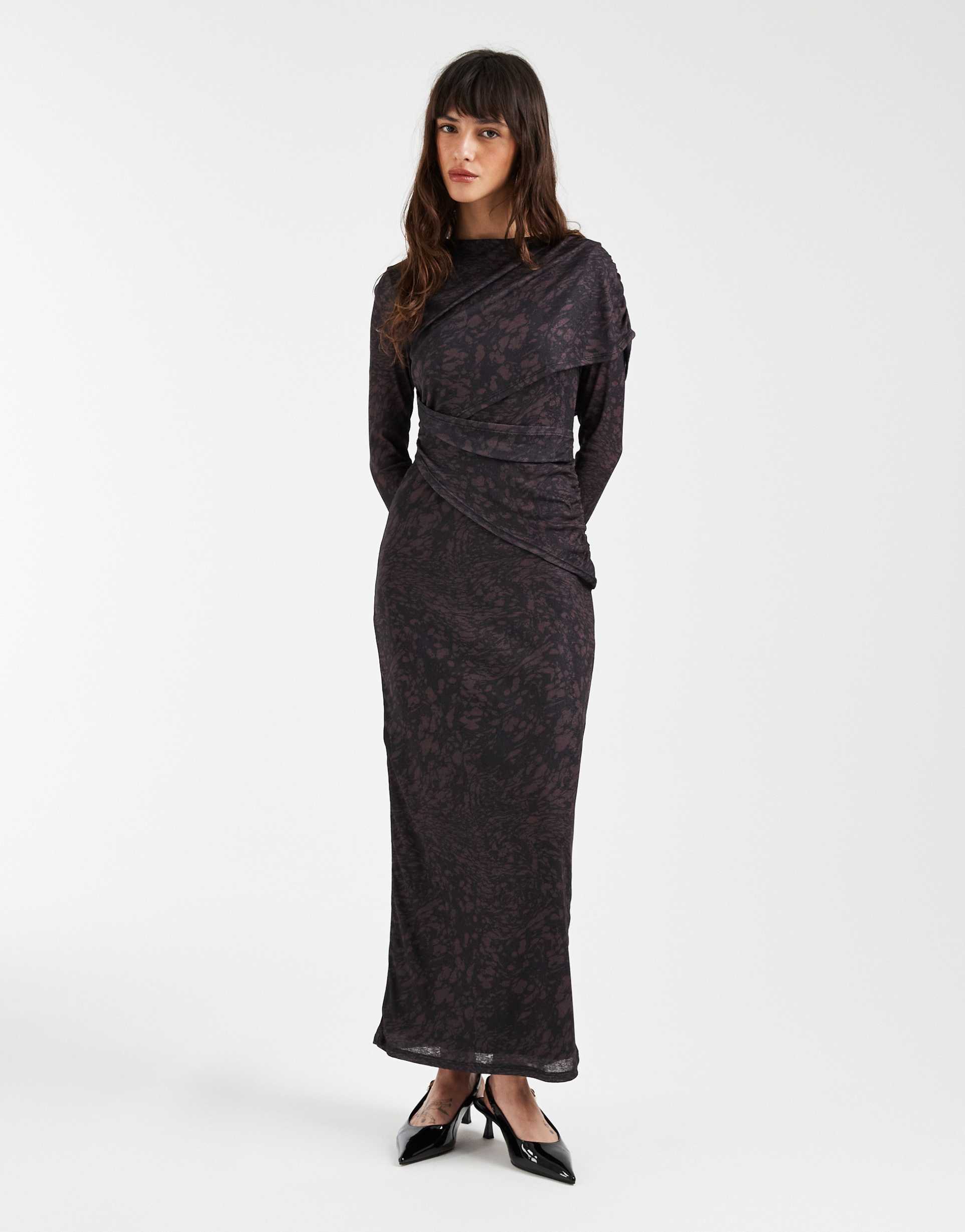 asos design long sleeve wrap detail midi dress in brown animal print