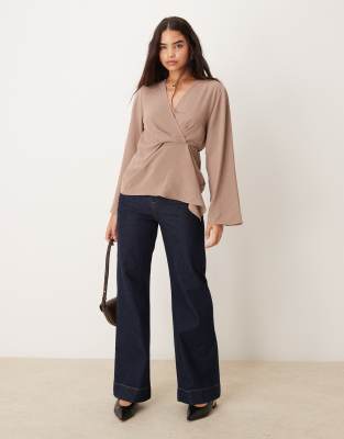 long sleeve wrap detail top in taupe-Brown