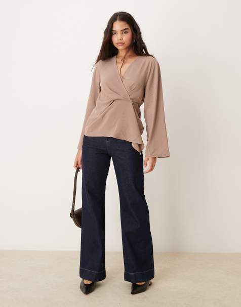 ASOS DESIGN long sleeve wrap detail top in taupe
