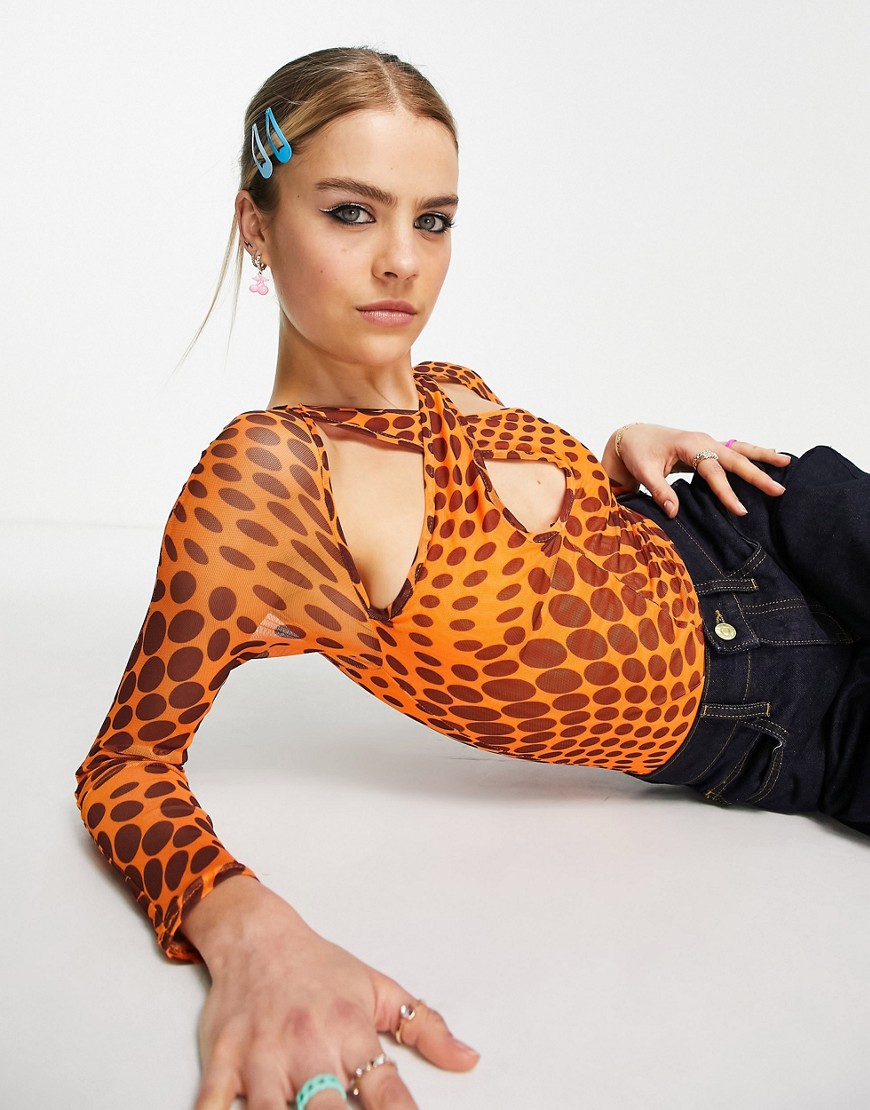 ASOS DESIGN long sleeve wrap front bodysuit in orange spot print-Multi