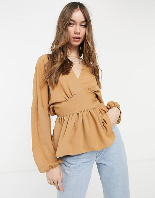 Women Shirts & Blouses/long sleeve wrap front top in camel 