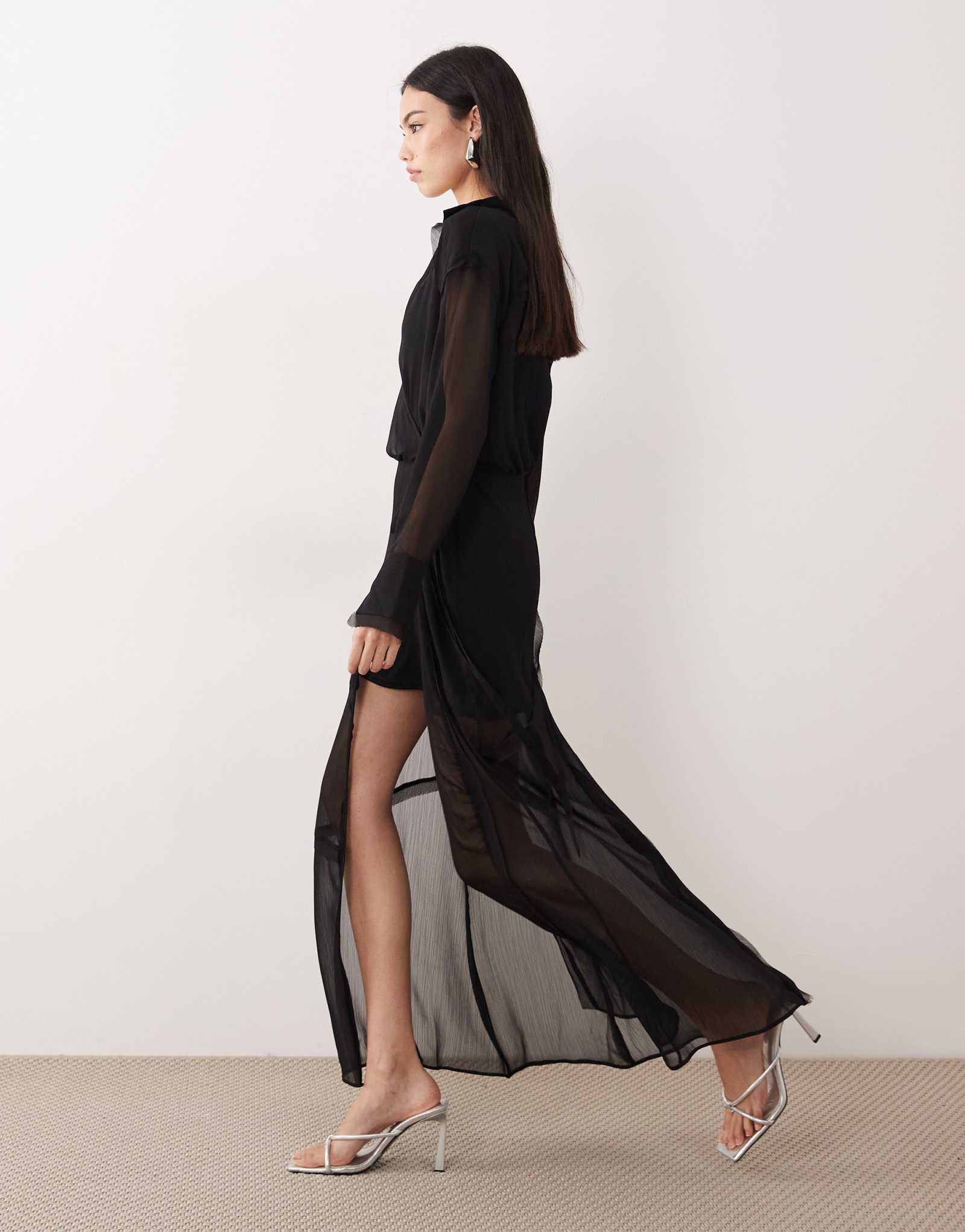 Черное миди-платье с запахом и длинными рукавами от ASOS DESIGN