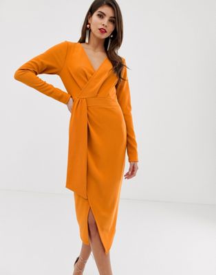 ASOS DESIGN long sleeve wrap midi dress with belt detail-Orange