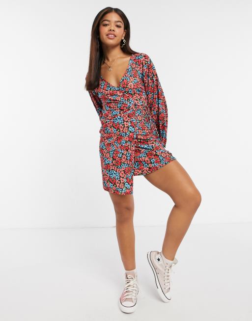 ASOS DESIGN long sleeve wrap mini dress in red orange and blue floral print, 4 of 4