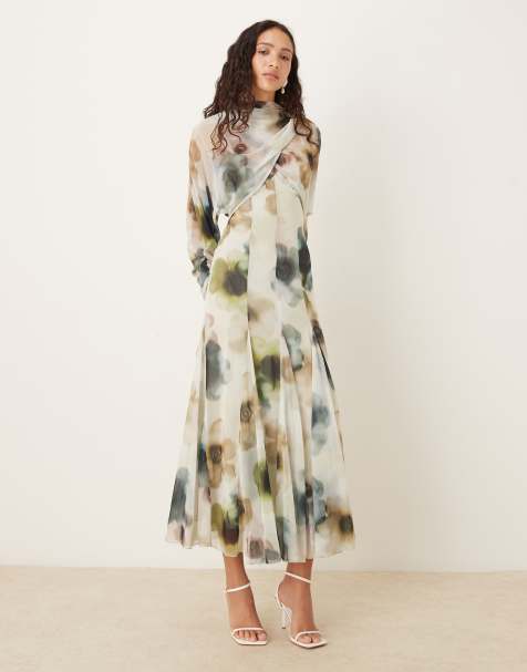 ASOS DESIGN long sleeve wrap over top dress with godet full skirt and low back in watercolor blurred floral print - view 1