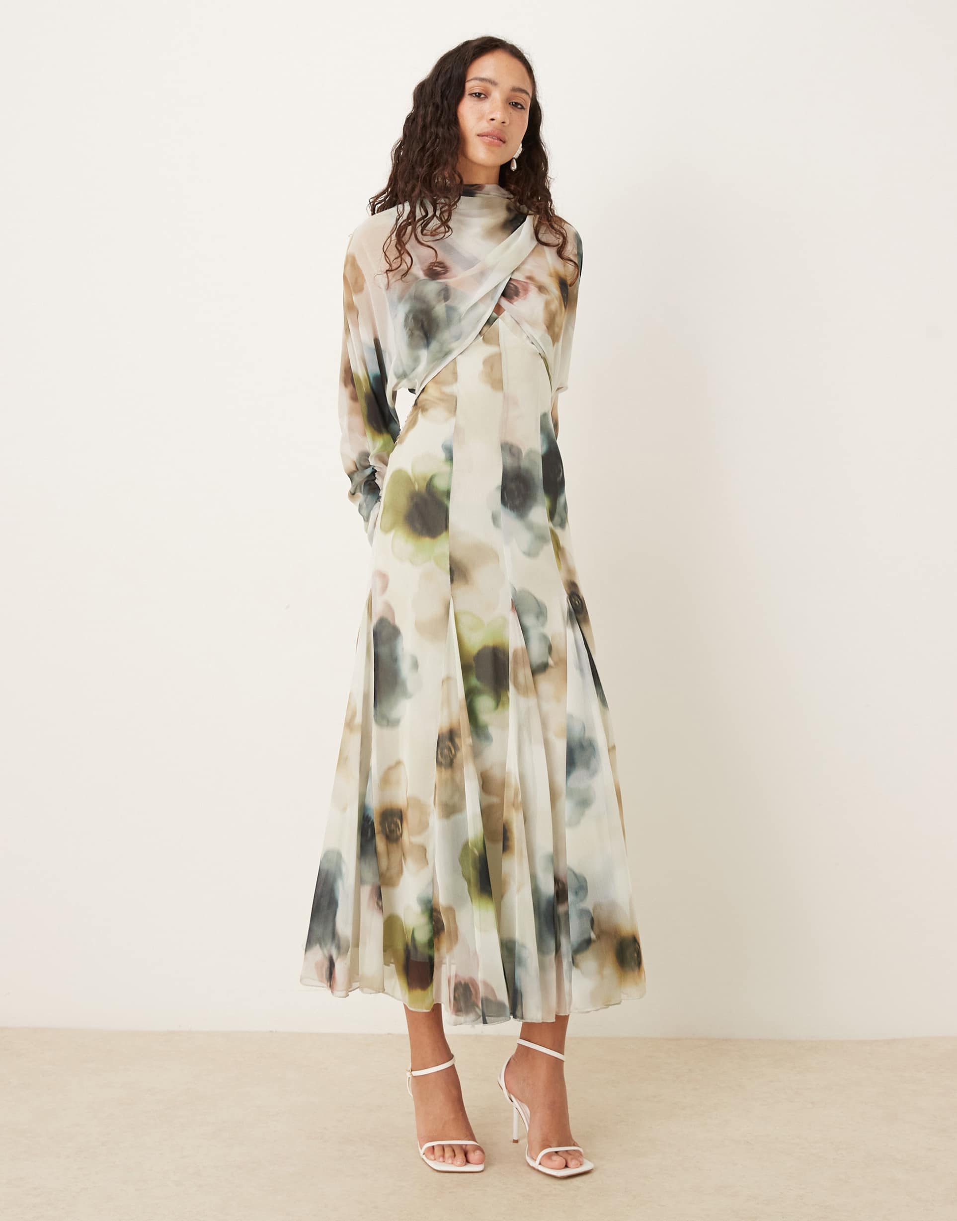 asos design long sleeve wrap over top dress with godet full skirt and low back in watercolor blurred floral print