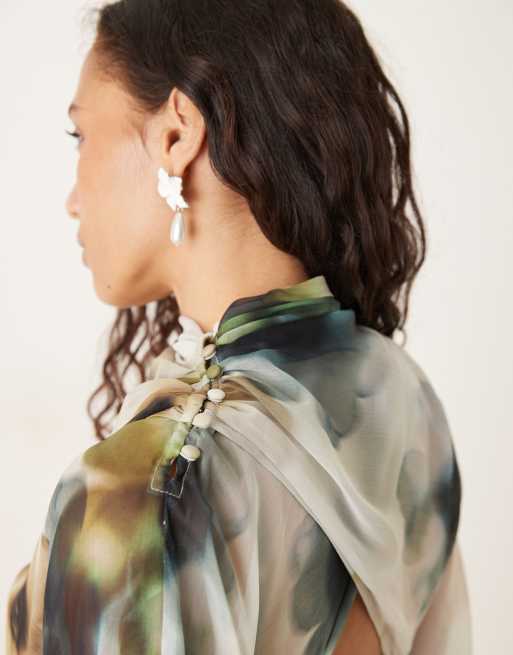 ASOS DESIGN long sleeve wrap over top dress with godet full skirt and low back in watercolor blurred floral print