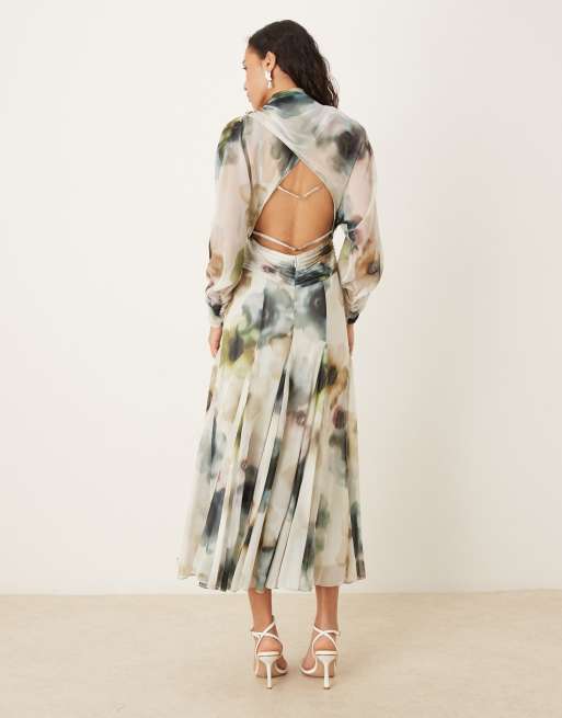ASOS DESIGN long sleeve wrap over top dress with godet full skirt and low back in watercolor blurred floral print