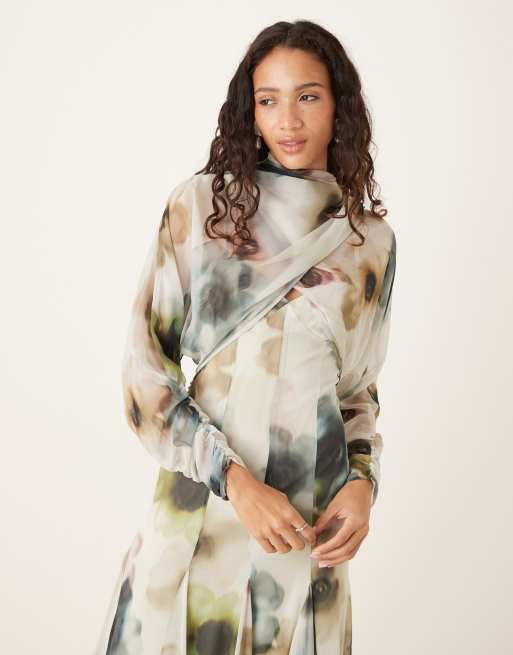 ASOS DESIGN long sleeve wrap over top dress with godet full skirt and low back in watercolor blurred floral print