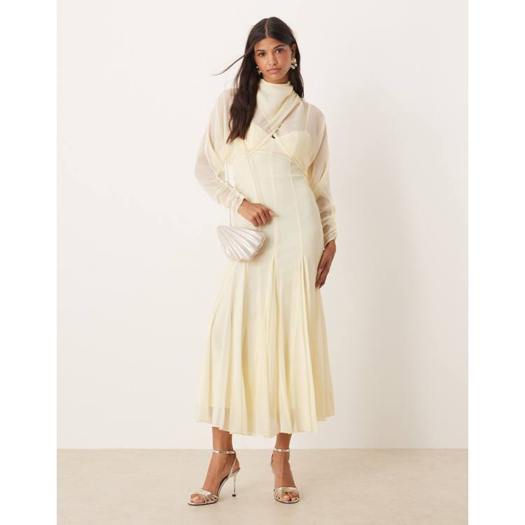 asos wrap dress with long sleeves ASOS DESIGN long sleeve wrap over top dress with godet full skirt and low  back midi dress in buttermilk