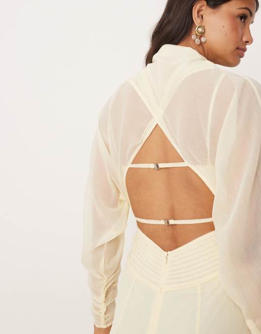 ASOS DESIGN long sleeve wrap over top dress with godet full skirt and low back midi dress in buttermilk