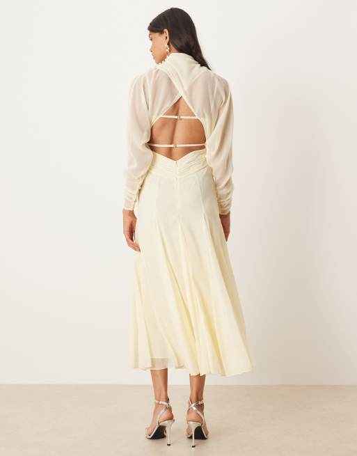 ASOS DESIGN long sleeve wrap over top dress with godet full skirt and low back midi dress in buttermilk