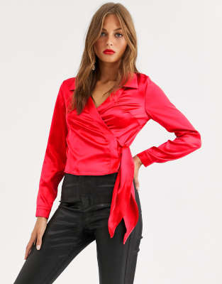 ASOS DESIGN long sleeve wrap shirt in satin-Red