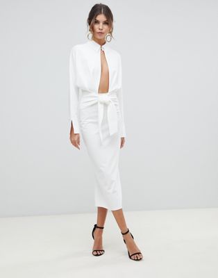 ASOS DESIGN long sleeve wrap shirt midi dress-White