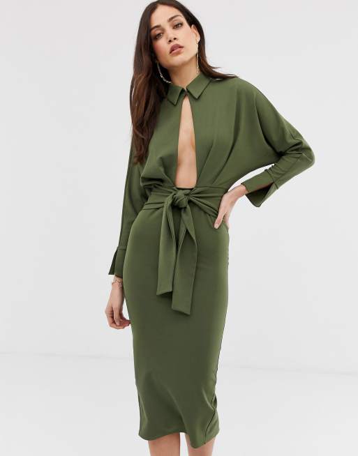 Asos design long sleeve sales wrap shirt midi dress