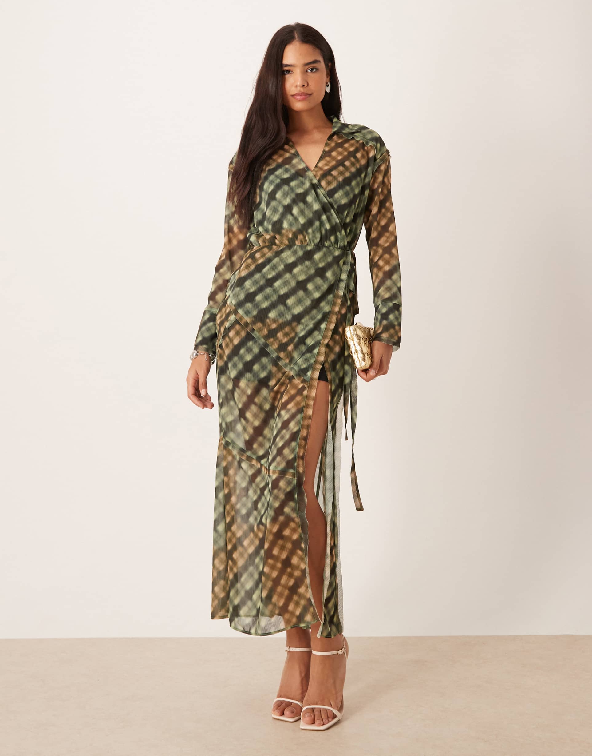 ASOS DESIGN long sleeve wrap skirt midi dress in green check