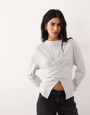 Asos Design Long Sleeve Wrap T-shirt In Gray