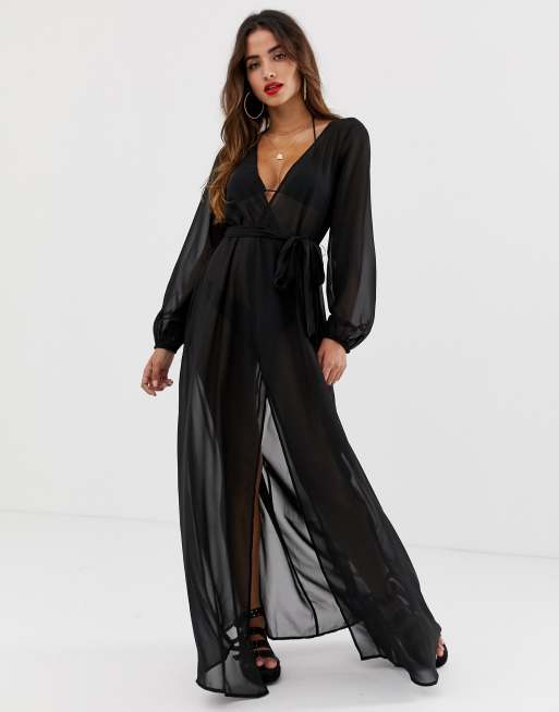 ASOS DESIGN long sleeve wrap tie chiffon maxi beach kimono in black