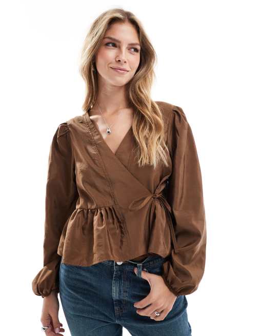 ASOS DESIGN long sleeve wrap top in chocolate - part of a set
