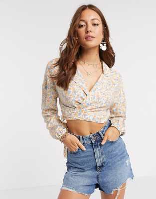 Asos Design Long Sleeve Wrap Top In Ditsy Floral Print-multi | ModeSens