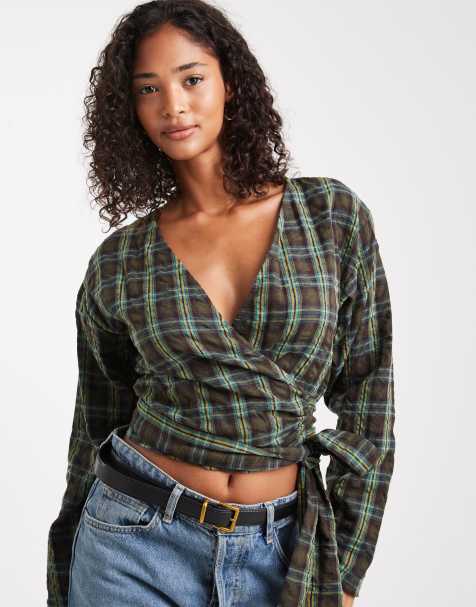 ASOS DESIGN long sleeve wrap top in green check - view 1