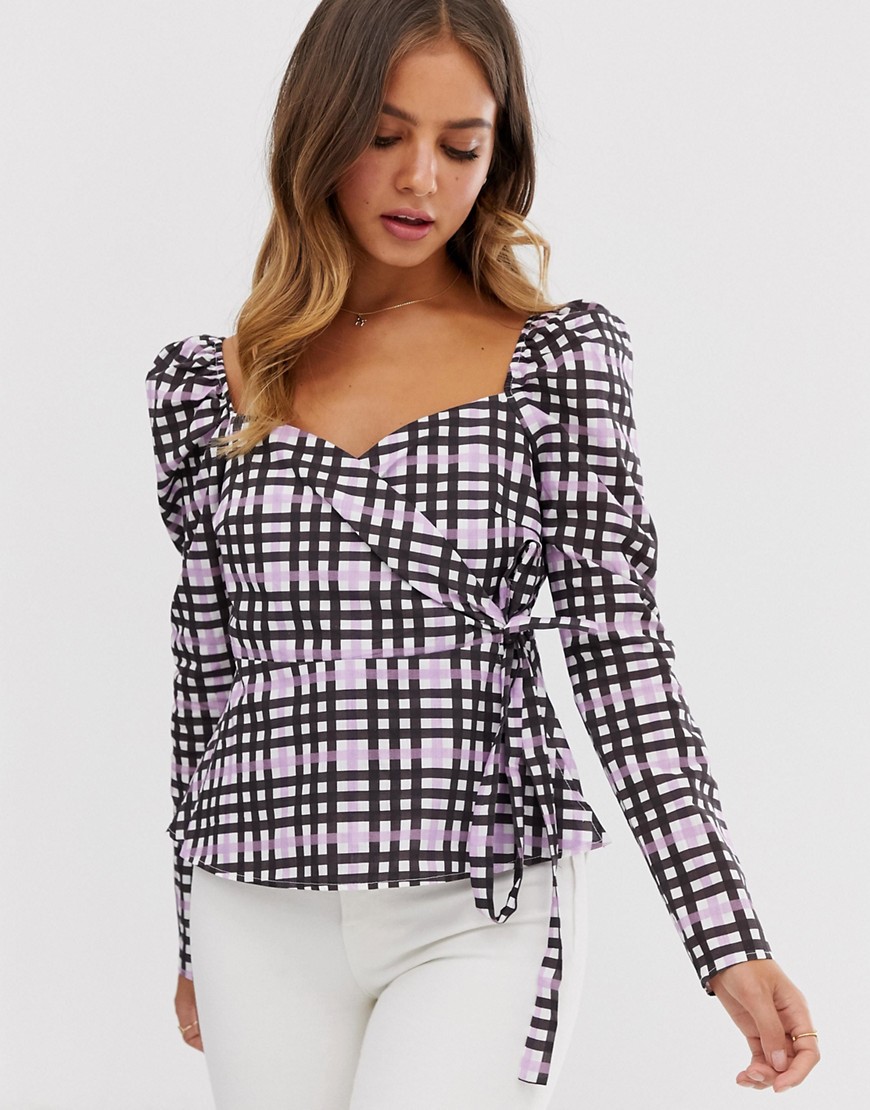 ASOS DESIGN long sleeve wrap top with sweetheart neckline in check-Multi