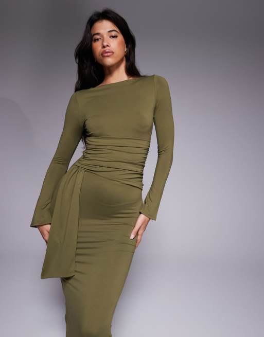 ASOS DESIGN long sleeve wrap waist detail midi dress in khaki green