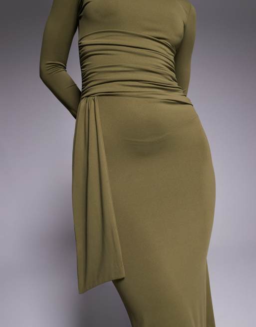 ASOS DESIGN long sleeve wrap waist detail midi dress in khaki green