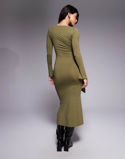ASOS DESIGN long sleeve wrap waist detail midi dress in khaki green