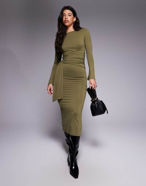 ASOS DESIGN long sleeve wrap waist detail midi dress in khaki - view 1