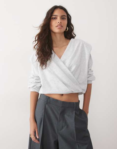 ASOS DESIGN long sleeve wrap with cinched waist sweatshirt in grey - view 1