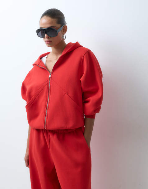 ASOS DESIGN long sleeve zip front hoodie co-ord in red - view 1