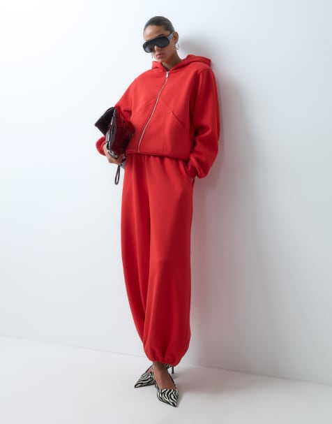 ASOS DESIGN long sleeve zip front hoodie co-ord in red - view 1