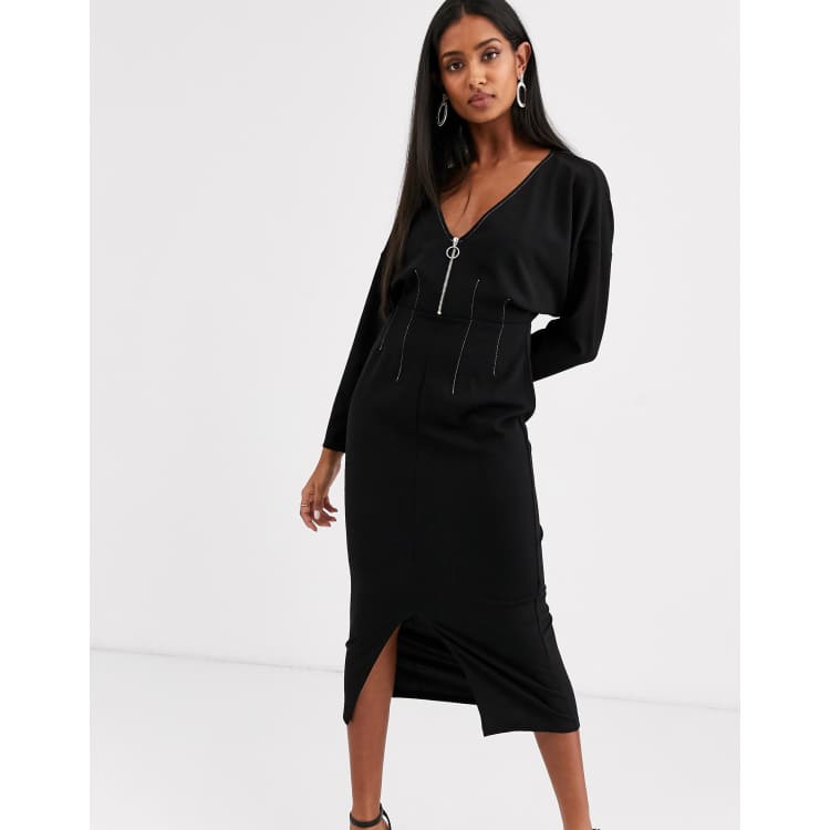 long sleeve black dress with zipper in front Long Sleeve Zip Front Contour Detail Mini Dress In Black Knit | EGO US