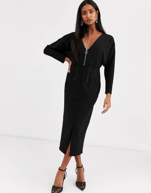 ASOS DESIGN long sleeve zip front midi dress in black ASOS