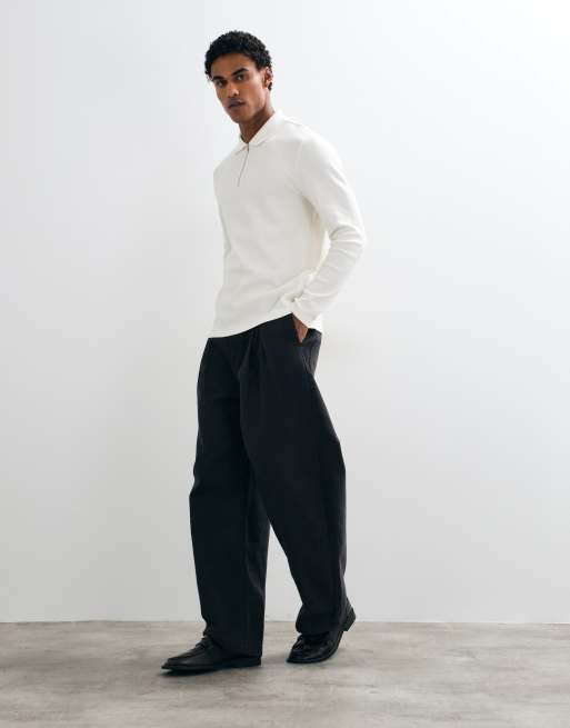 ASOS DESIGN long sleeve zip polo in cream waffle, 2 of 5