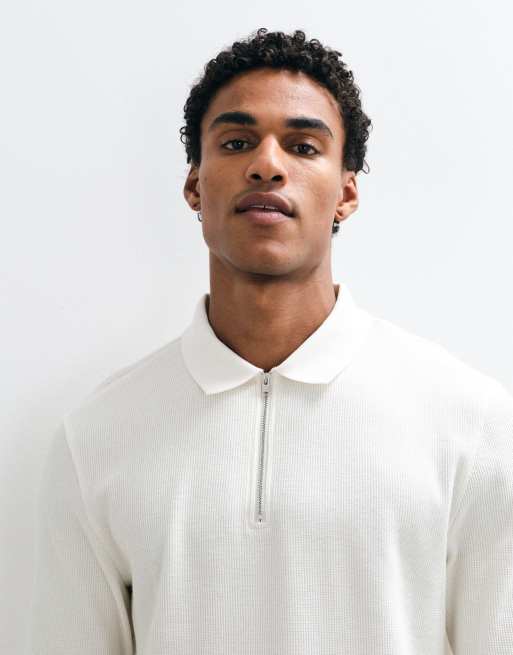 ASOS DESIGN long sleeve zip polo in cream waffle, 3 of 5
