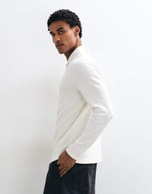 ASOS DESIGN long sleeve zip polo in cream waffle, 4 of 5