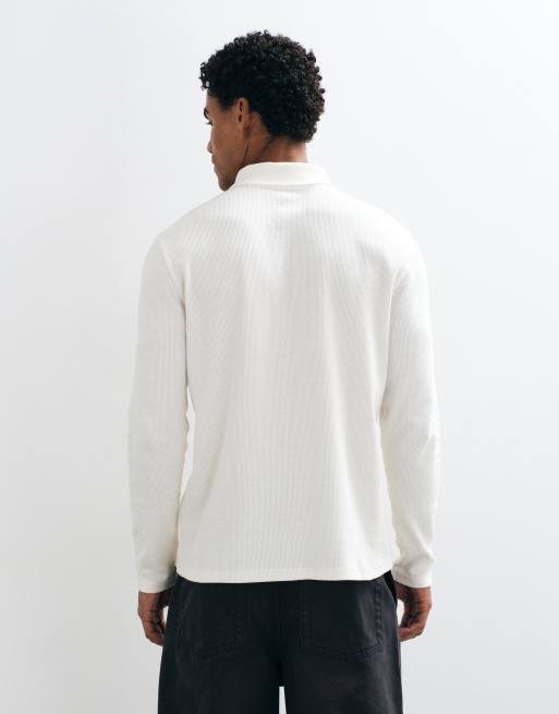 ASOS DESIGN long sleeve zip polo in cream waffle, 5 of 5