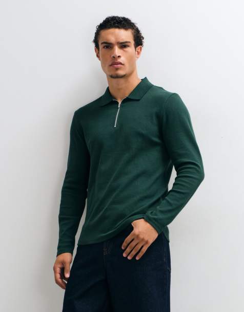 ASOS DESIGN long sleeve zip polo in dark green waffle