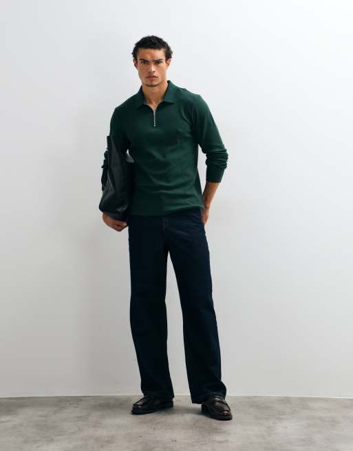 ASOS DESIGN long sleeve zip polo in dark green waffle, 2 of 5