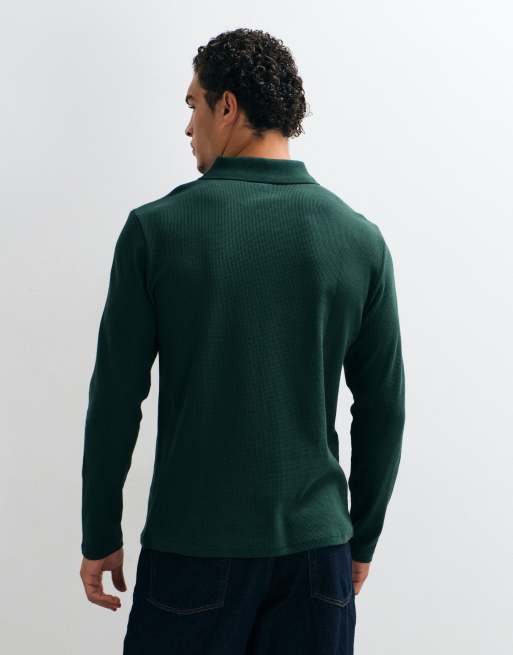 ASOS DESIGN long sleeve zip polo in dark green waffle, 5 of 5