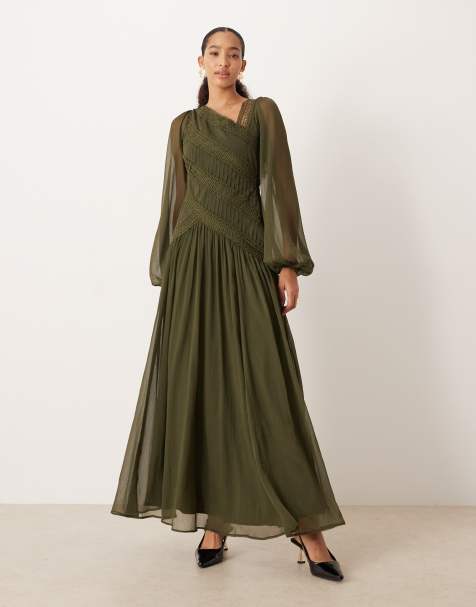 ASOS DESIGN long-sleeved asymmetric neckline maxi dress with lace trim in khaki - view 1